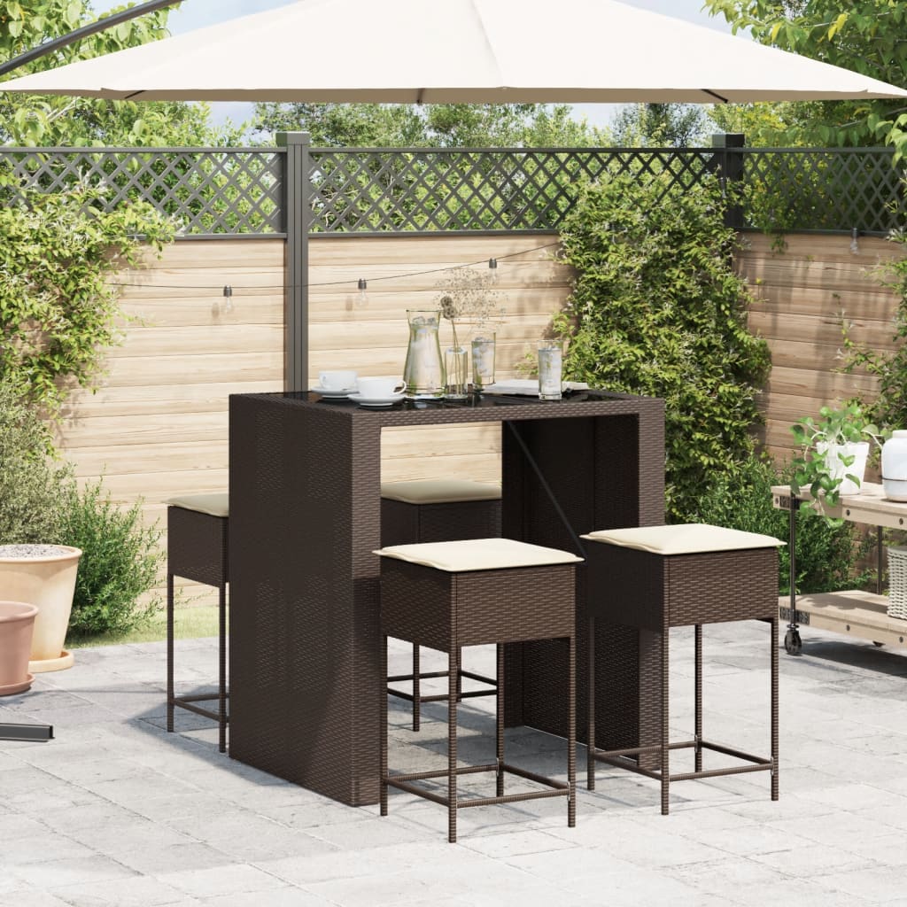 Set Bar da Giardino 5 pz con Cuscini in Polyrattan Marrone
