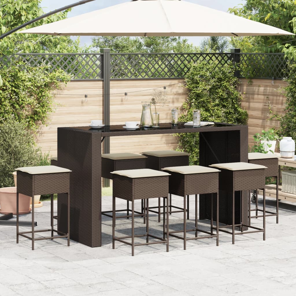 Set Bar da Giardino 9 pz con Cuscini in Polyrattan Marrone