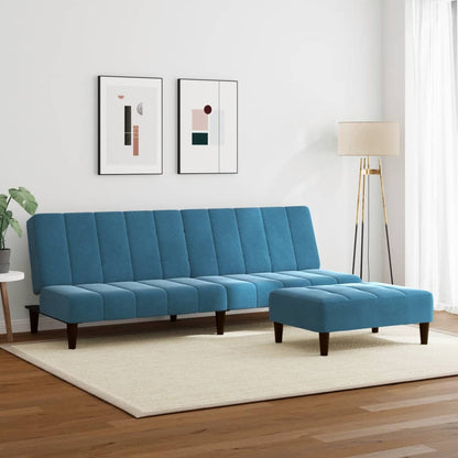 Divano Letto 2 Posti con Poggiapiedi Blu in Velluto