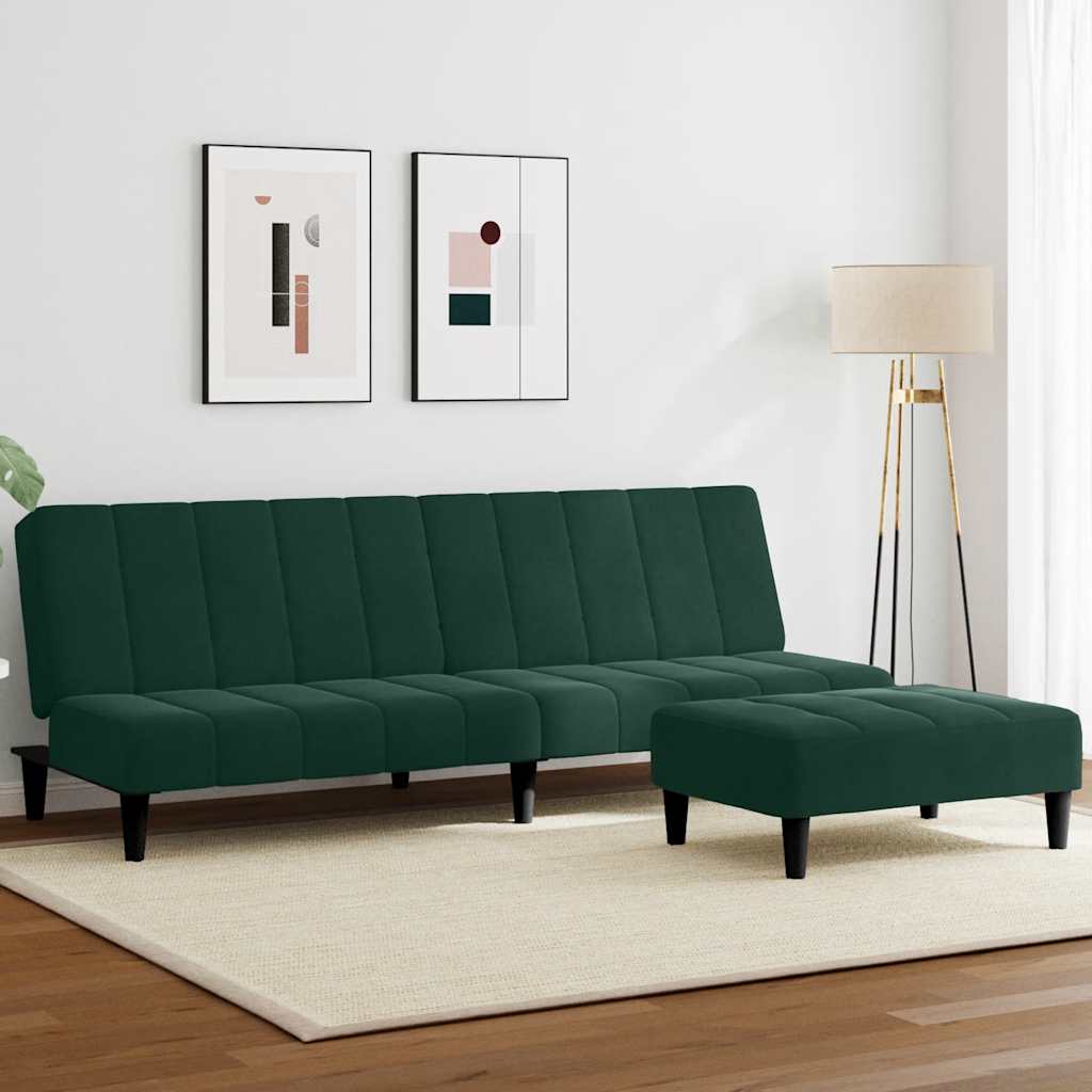 Divano Letto a 2 Posti con Poggiapiedi Verde Scuro in Velluto