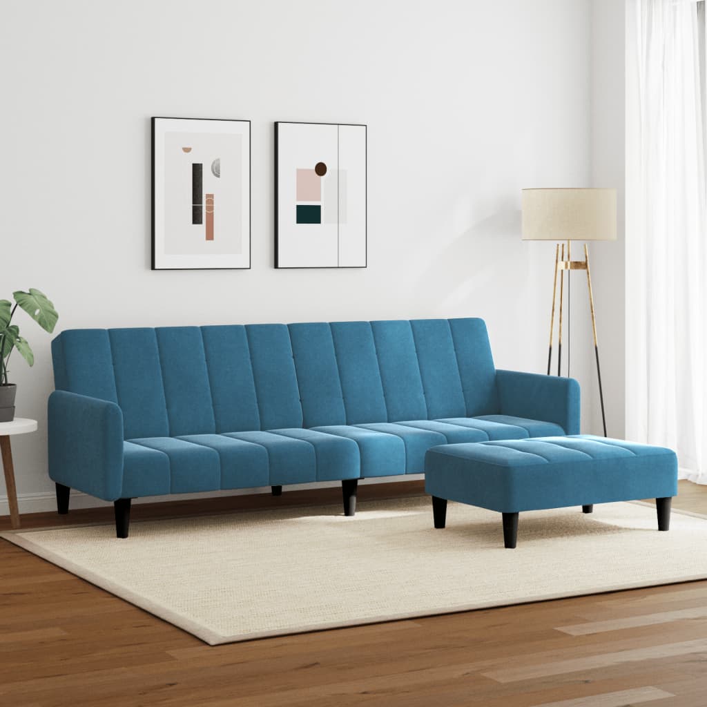Divano Letto 2 Posti con Poggiapiedi Blu in Velluto