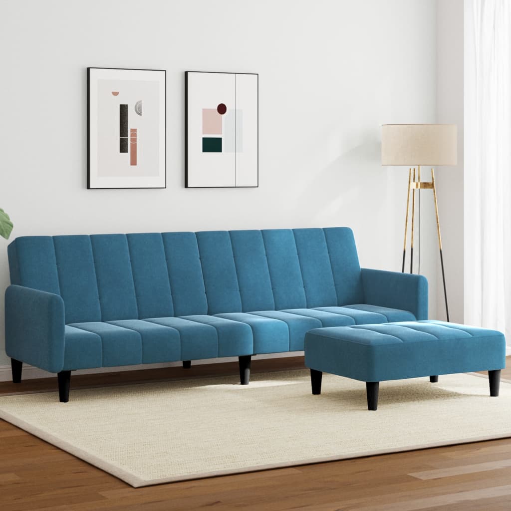 Divano Letto 2 Posti con Poggiapiedi Blu in Velluto