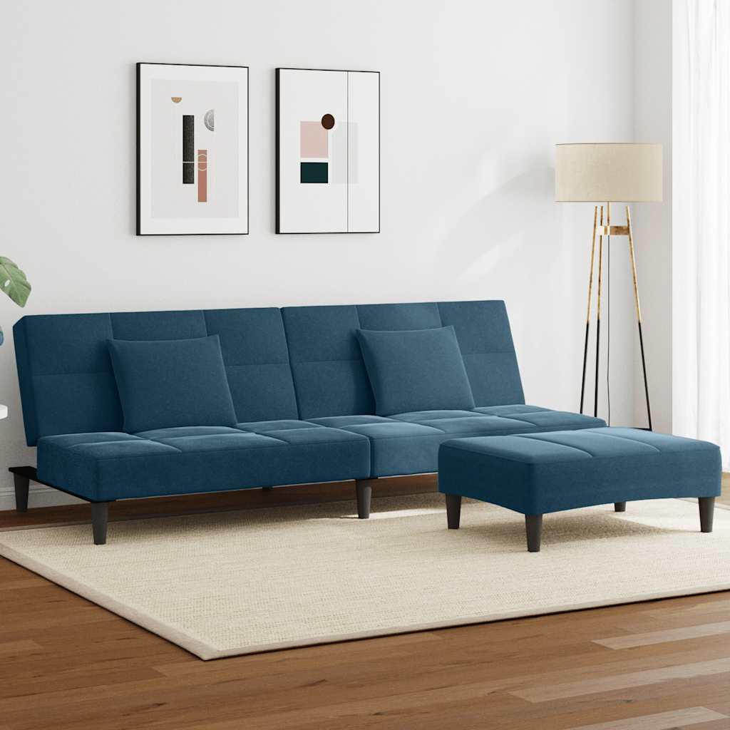 Divano Letto 2 Posti con Poggiapiedi Blu in Velluto