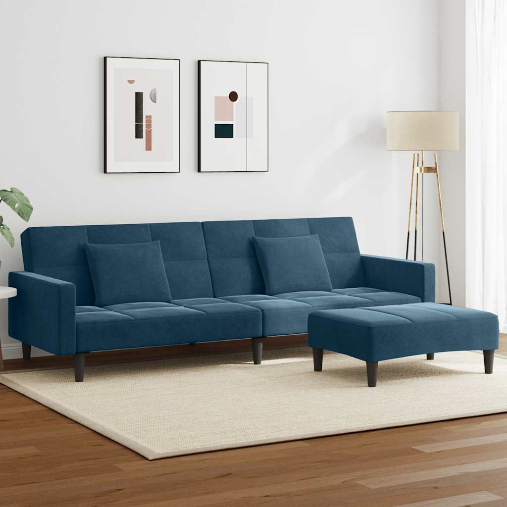 Divano Letto 2 Posti con Poggiapiedi Blu in Velluto