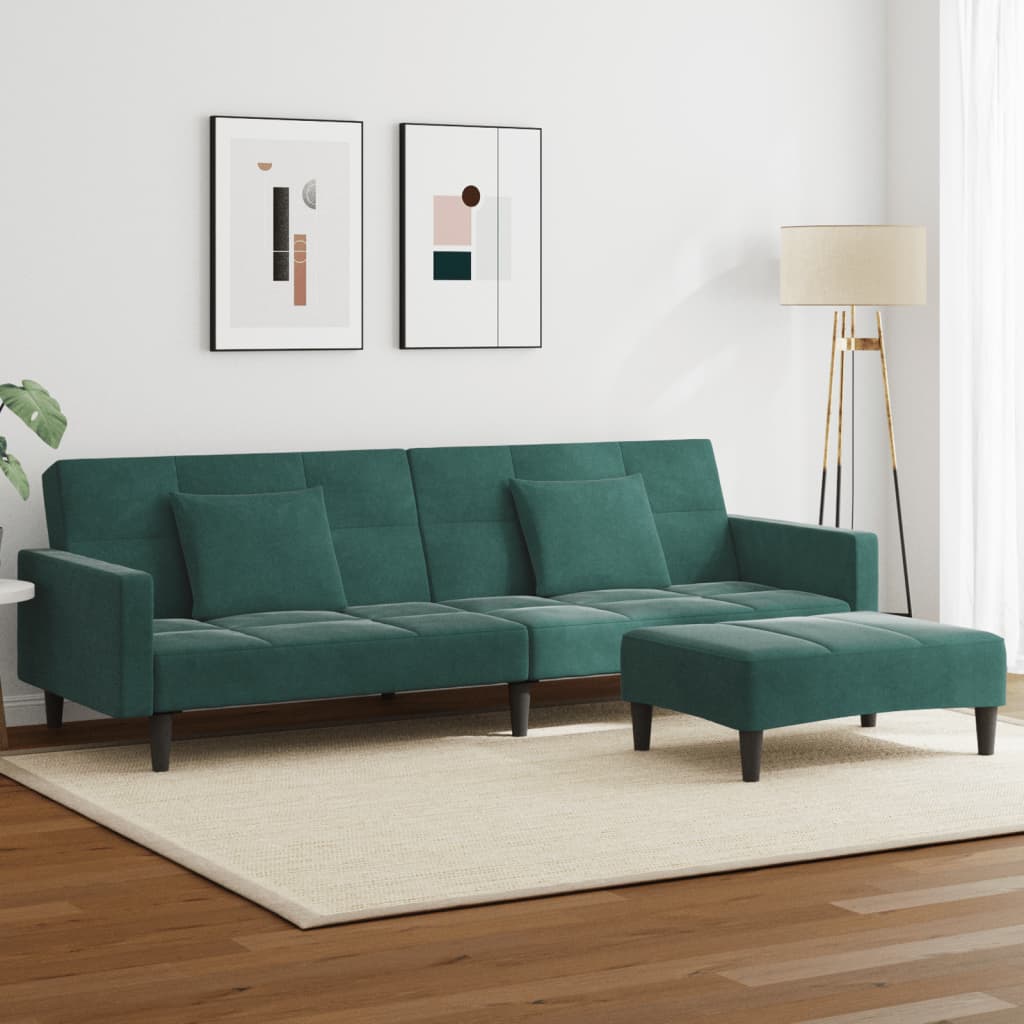 Divano Letto a 2 Posti con Poggiapiedi Verde Scuro in Velluto