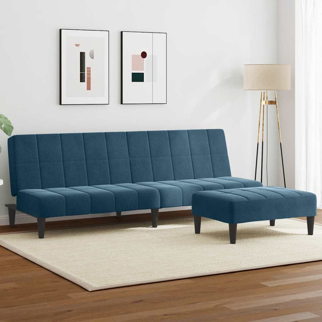 Divano Letto 2 Posti con Poggiapiedi Blu in Velluto