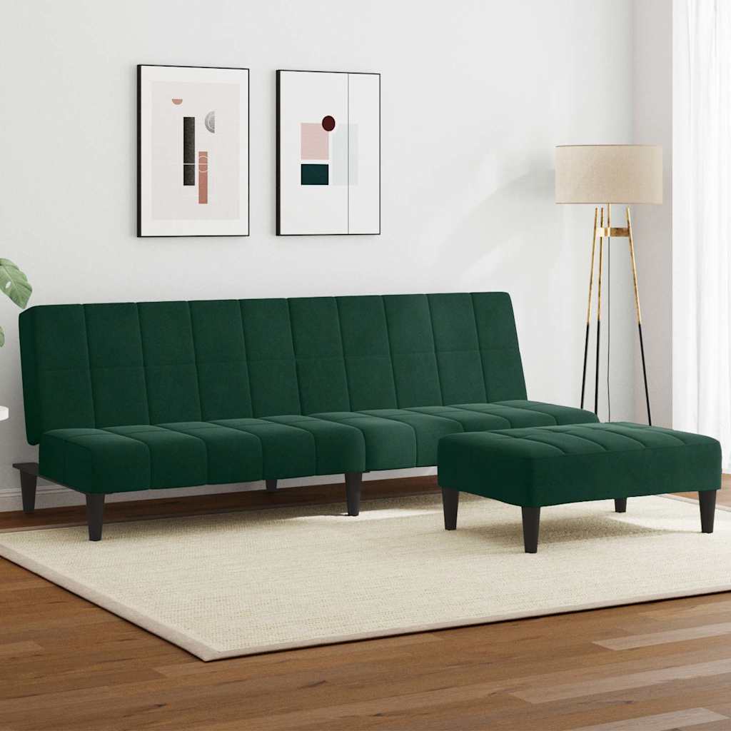 Divano Letto a 2 Posti con Poggiapiedi Verde Scuro in Velluto
