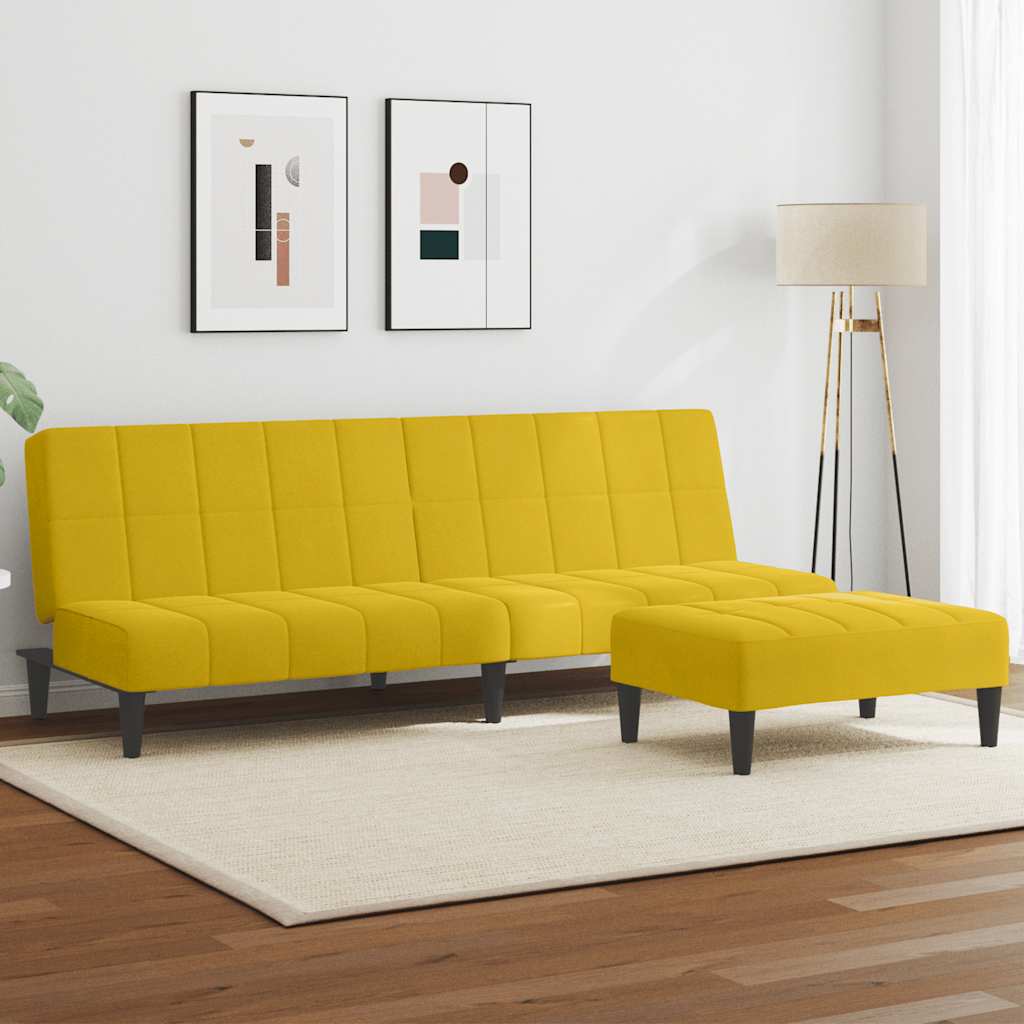 Divano Letto 2 Posti con Sgabello Giallo in Velluto