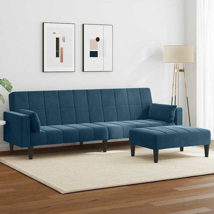 Divano Letto 2 Posti con Poggiapiedi Blu in Velluto