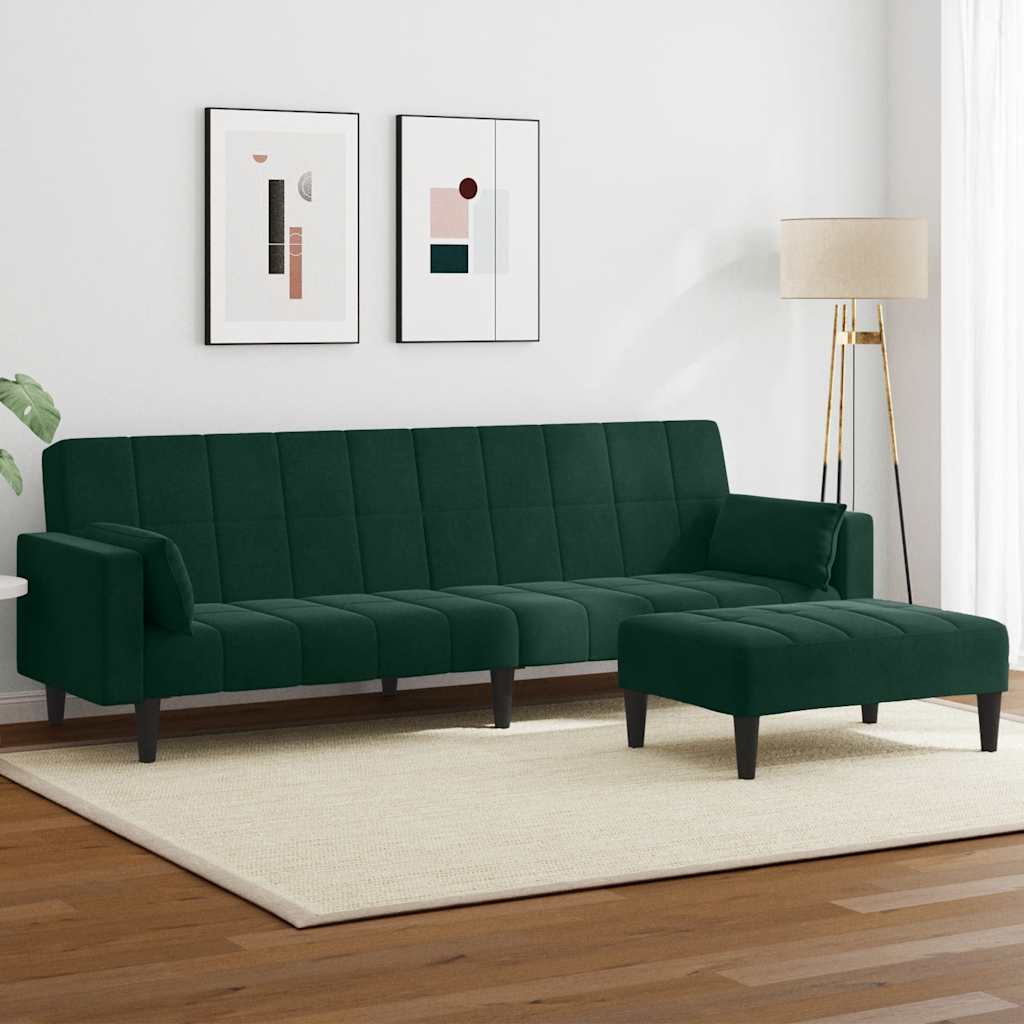 Divano Letto a 2 Posti con Poggiapiedi Verde Scuro in Velluto