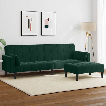 Divano Letto a 2 Posti con Poggiapiedi Verde Scuro in Velluto