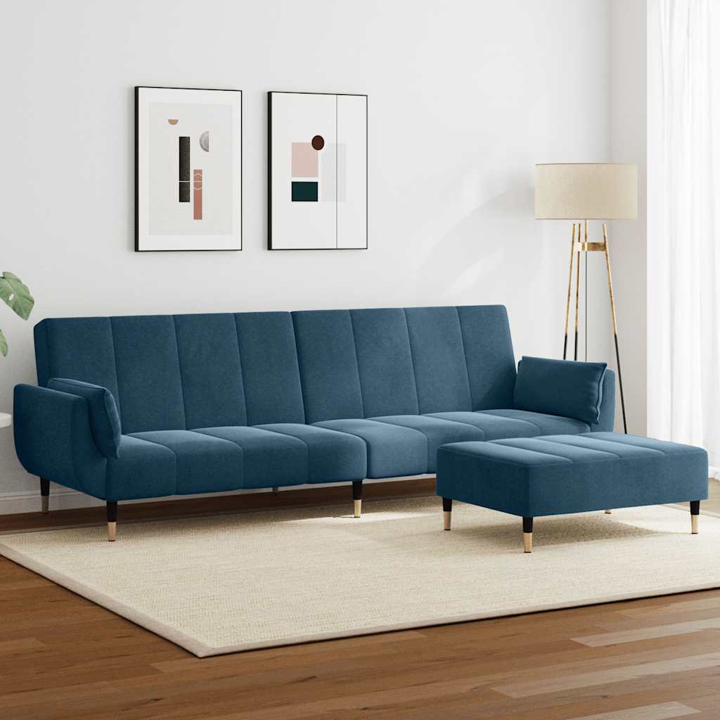Divano Letto 2 Posti con Poggiapiedi Blu in Velluto