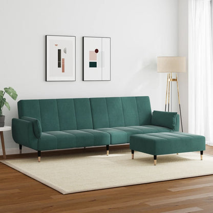 Divano Letto a 2 Posti con Poggiapiedi Verde Scuro in Velluto