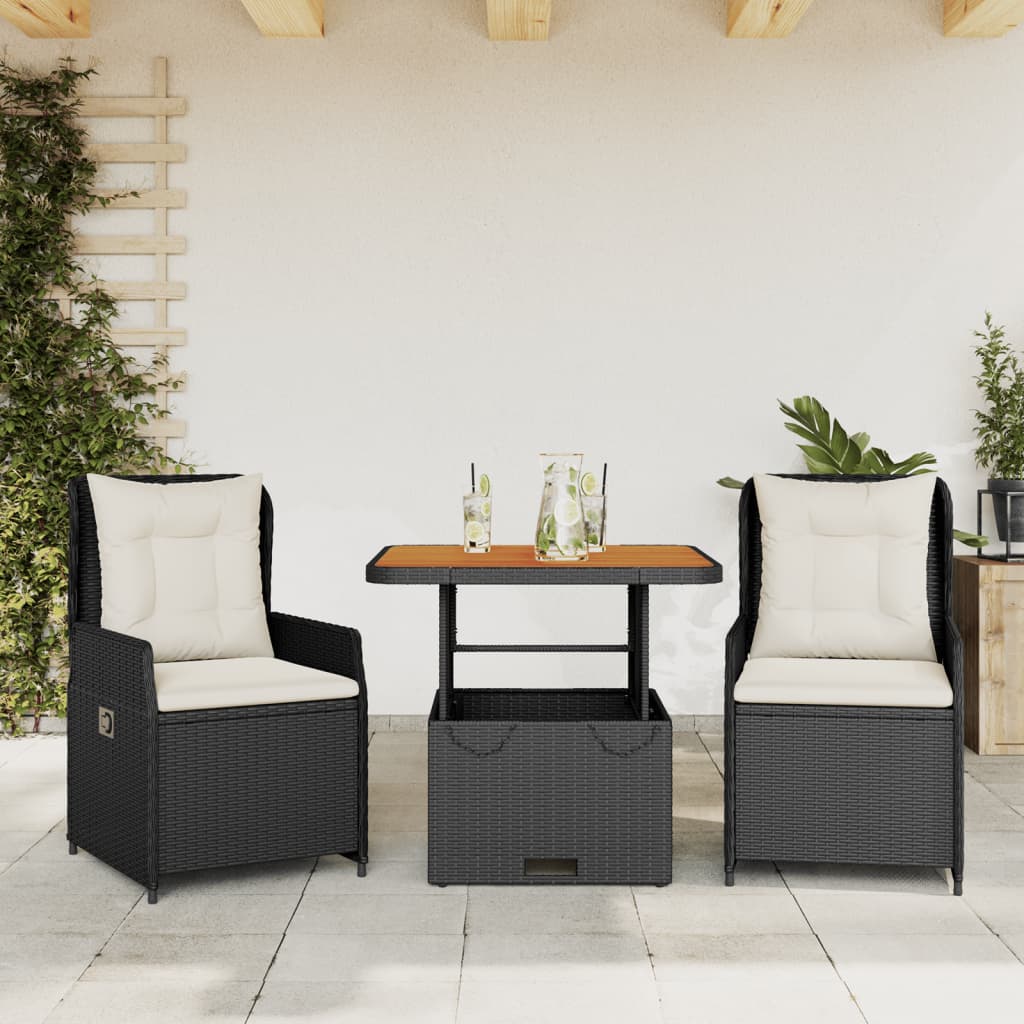Set da BistrÃ² 3 pz con Cuscini Nero in Polyrattan