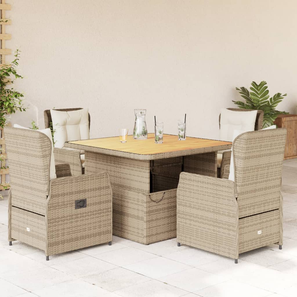 Set da Pranzo da Giardino 5 pz con Cuscini Beige in Polyrattan