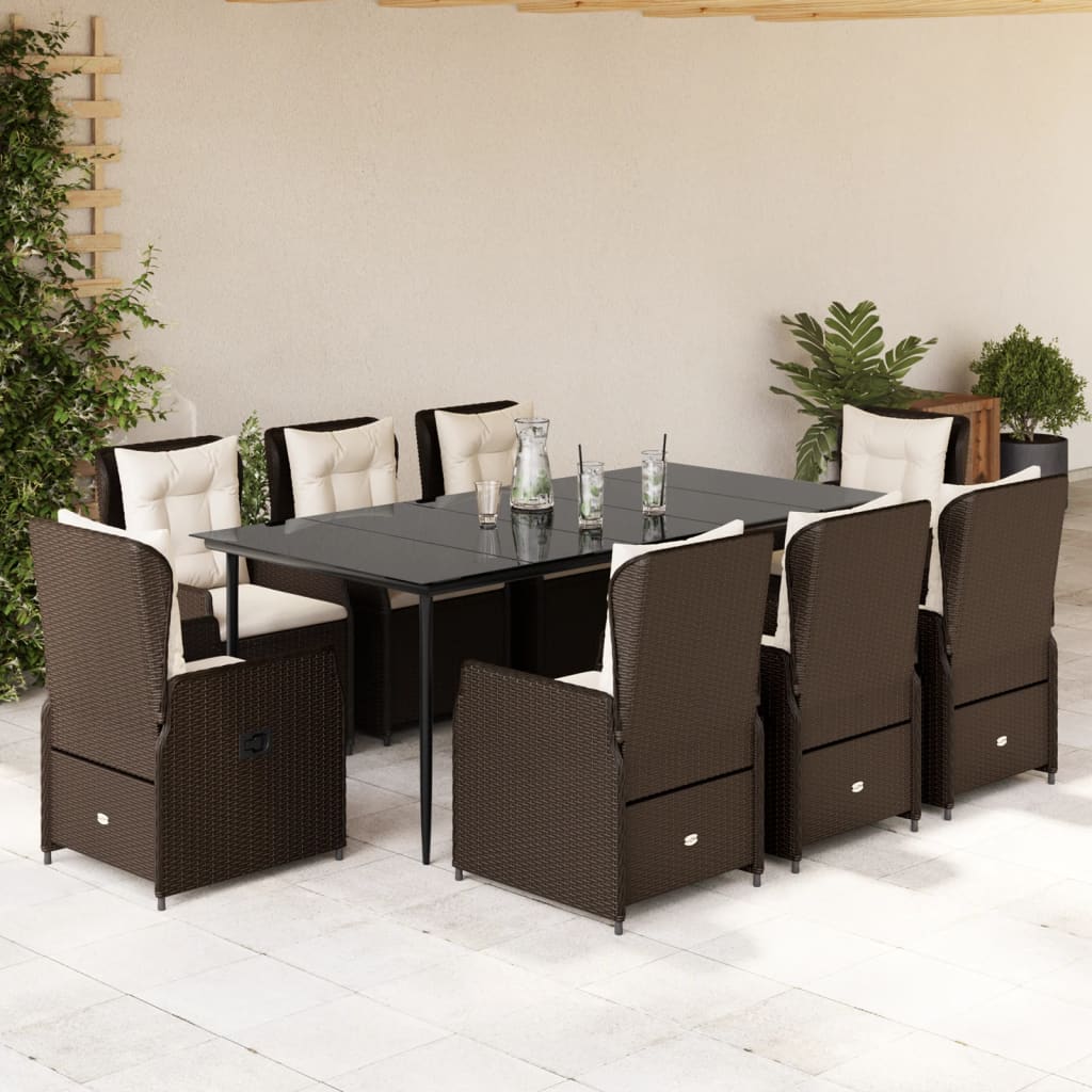 Set da Pranzo da Giardino 9pz con Cuscini Marrone in Polyrattan