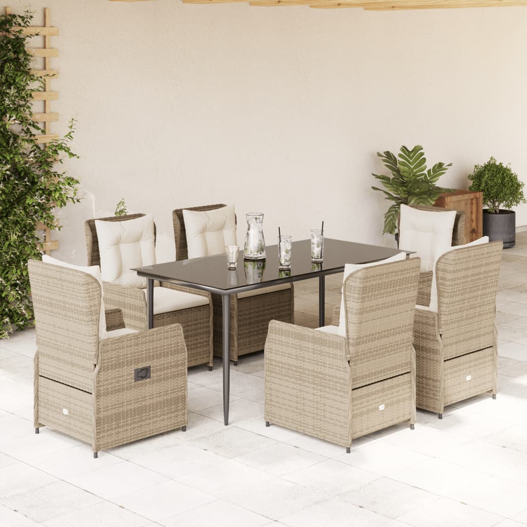 Set da Pranzo da Giardino 7 pz con Cuscini Beige in Polyrattan