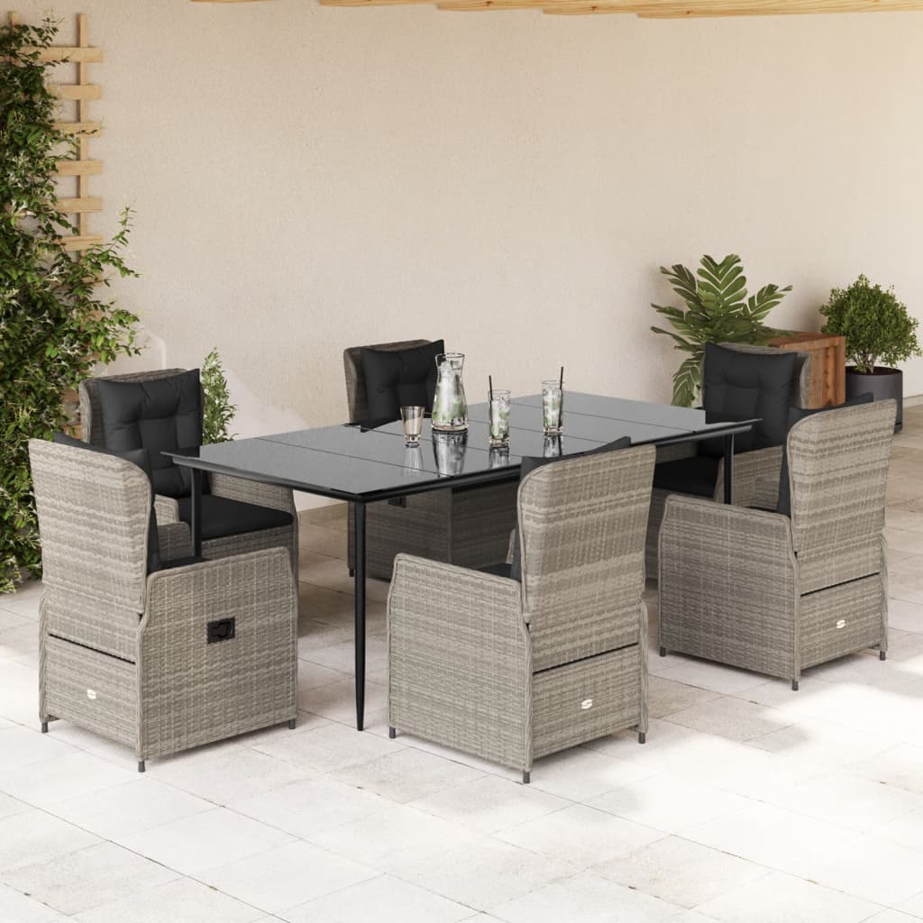 Set da Pranzo da Giardino 7 pz Cuscini Polyrattan Grigio Chiaro