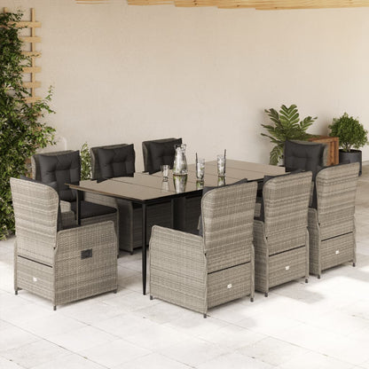 Set Pranzo da Giardino 9pz con Cuscini Grigio Chiaro Polyrattan