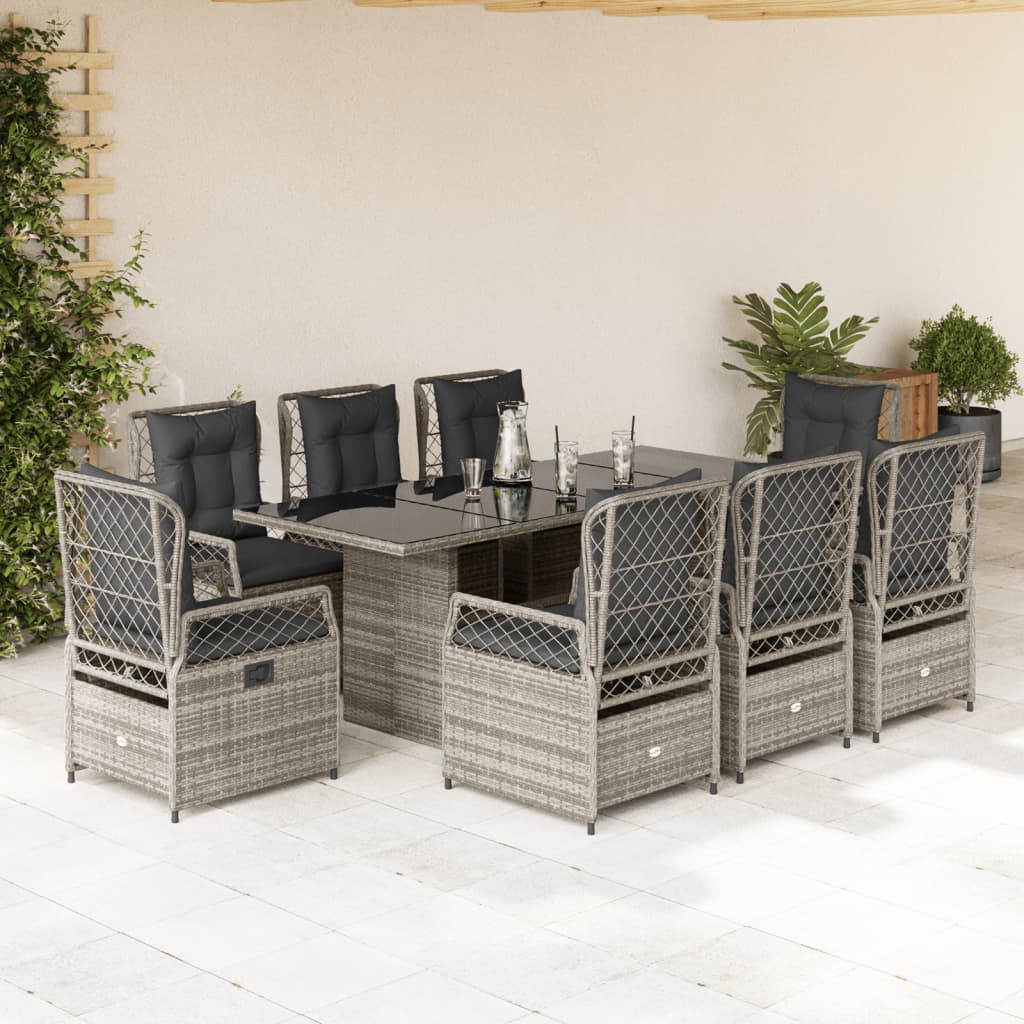 Set da Pranzo da Giardino 9 pz con Cuscini in Polyrattan Grigio
