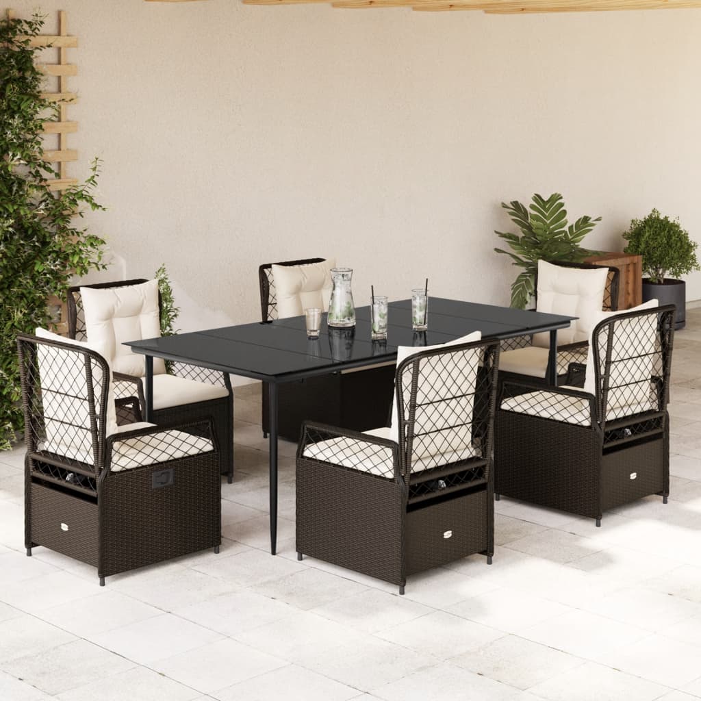 Set da Pranzo da Giardino 7pz con Cuscini in Polyrattan Marrone