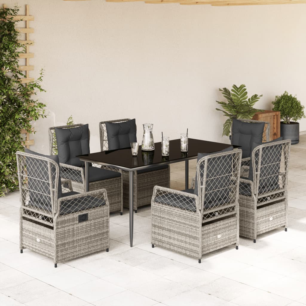 Set da Pranzo da Giardino 7 pz con Cuscini in Polyrattan Grigio