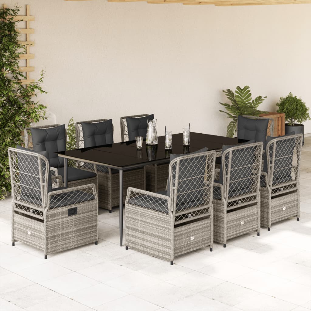 Set da Pranzo da Giardino 9 pz con Cuscini in Polyrattan Grigio