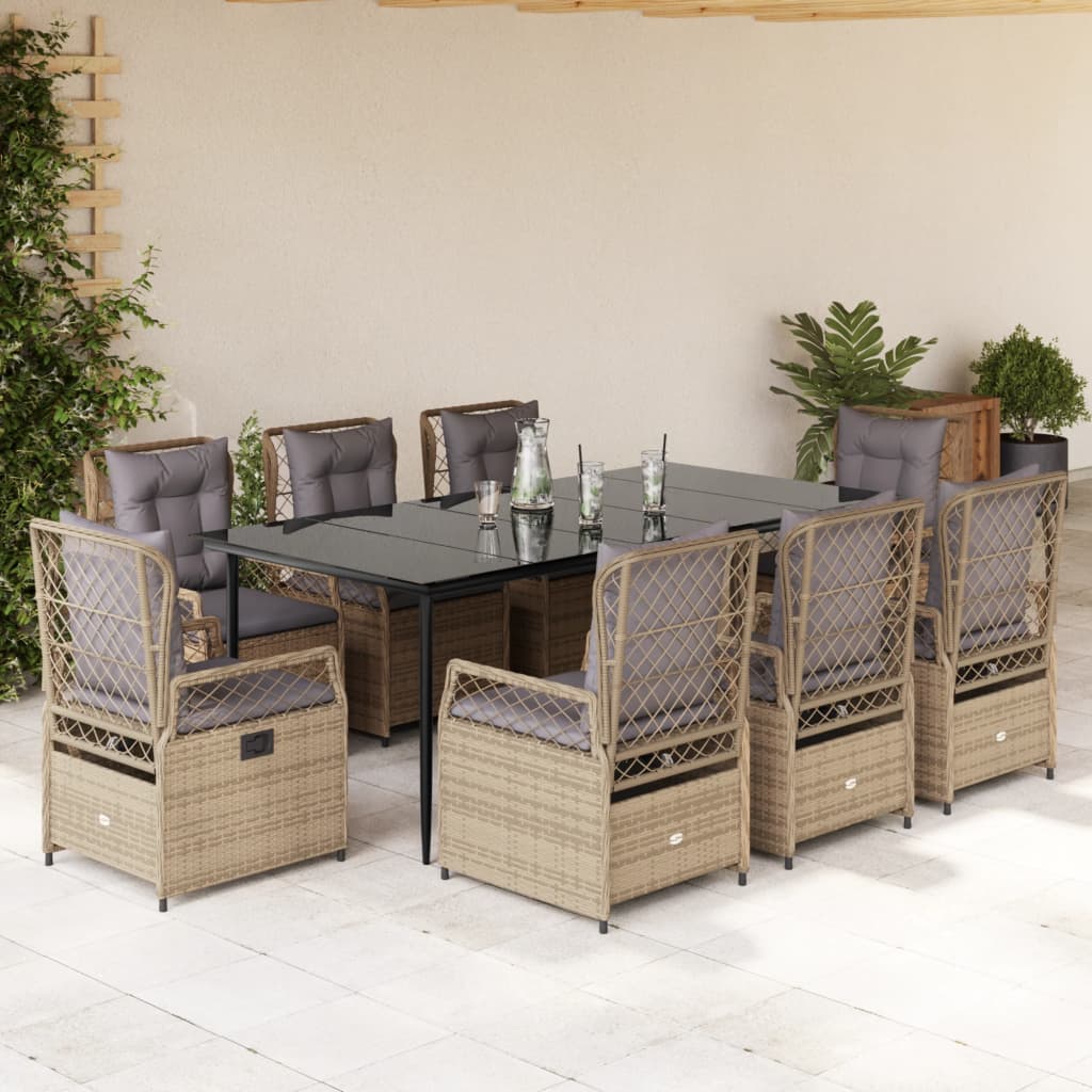 Set da Pranzo da Giardino 9 pz con Cuscini Beige in Polyrattan