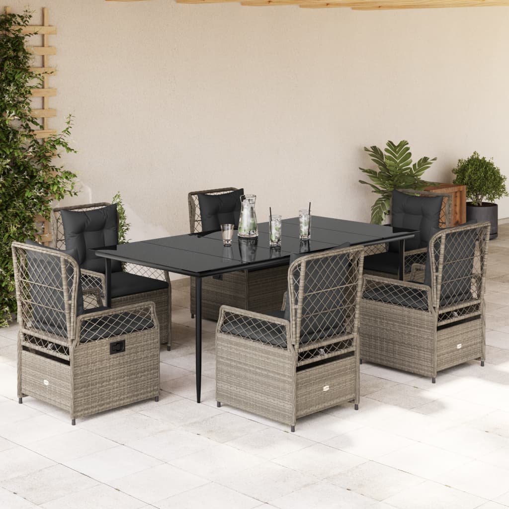 Set da Pranzo da Giardino 7 pz Cuscini Polyrattan Grigio Chiaro