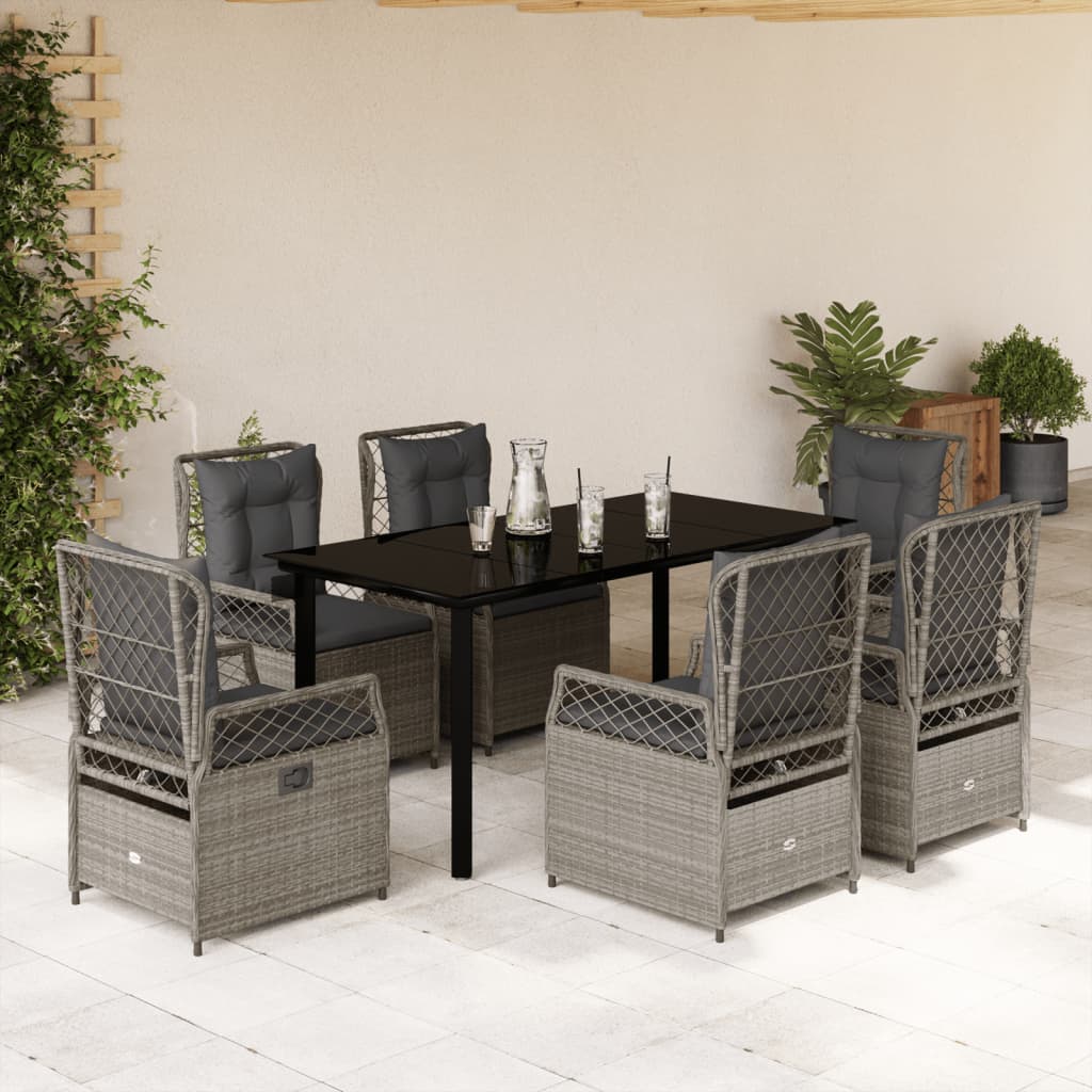 Set da Pranzo da Giardino 7 pz Cuscini Polyrattan Grigio Chiaro