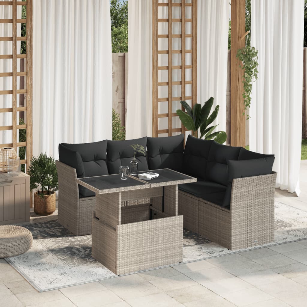 Set Divano da Giardino 6pz con Cuscini Grigio Chiaro Polyrattan