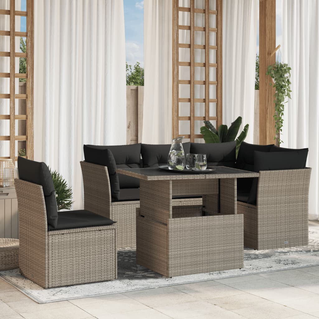 Set Divano da Giardino 6pz con Cuscini Grigio Chiaro Polyrattan