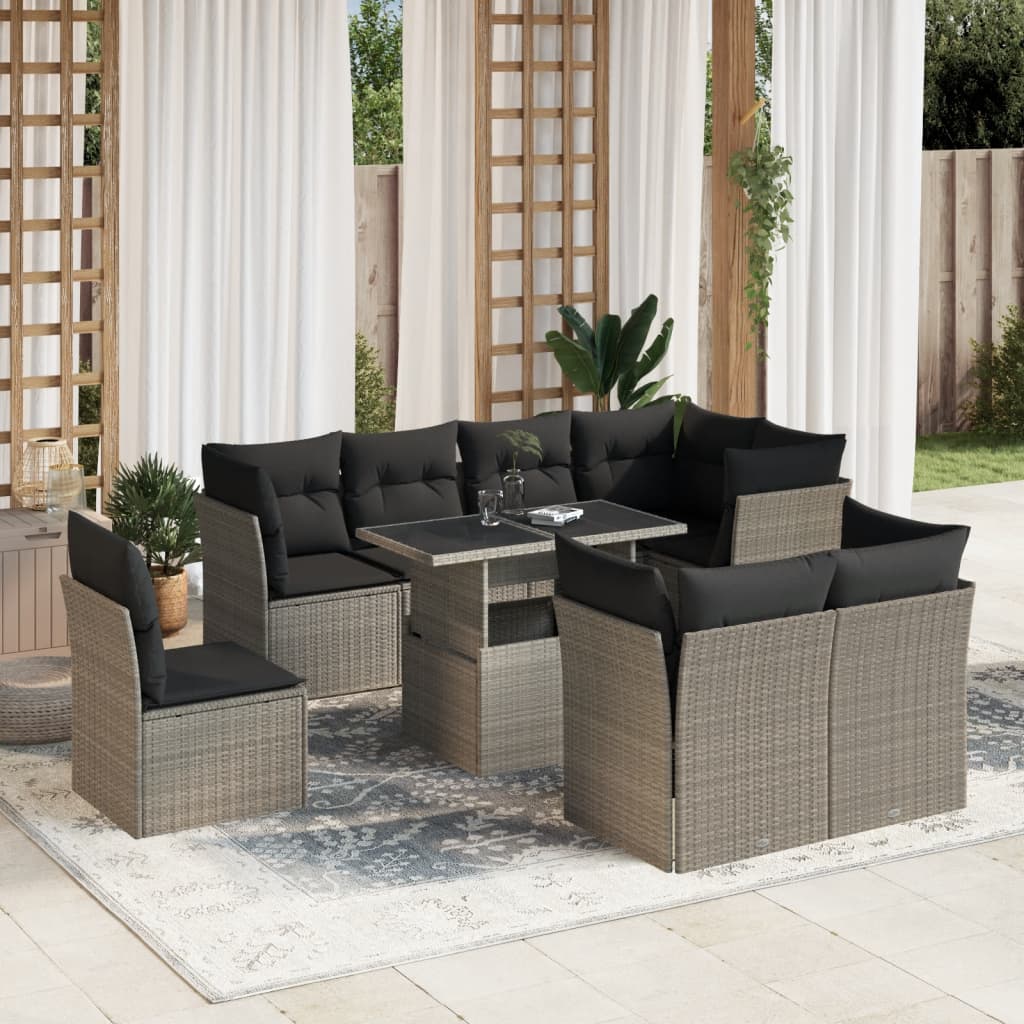 Set Divano da Giardino 9pz con Cuscini Grigio Chiaro Polyrattan