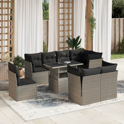 Set Divano da Giardino 9pz con Cuscini Grigio Chiaro Polyrattan