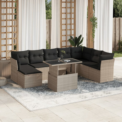 Set Divano da Giardino 9pz con Cuscini Grigio Chiaro Polyrattan