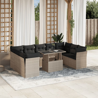 Set Divano Giardino 10 pz con Cuscini Grigio Chiaro Polyrattan