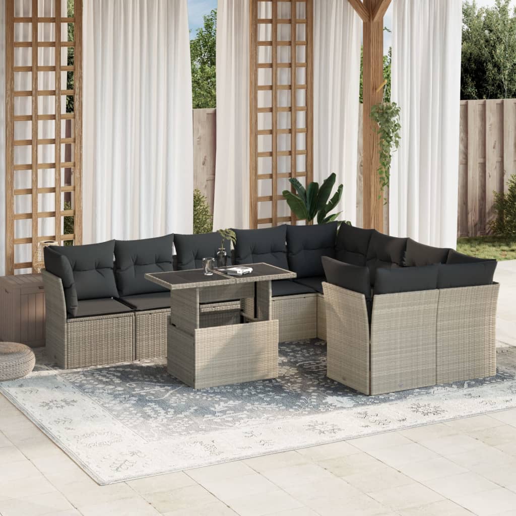 Set Divano Giardino 10 pz con Cuscini Grigio Chiaro Polyrattan