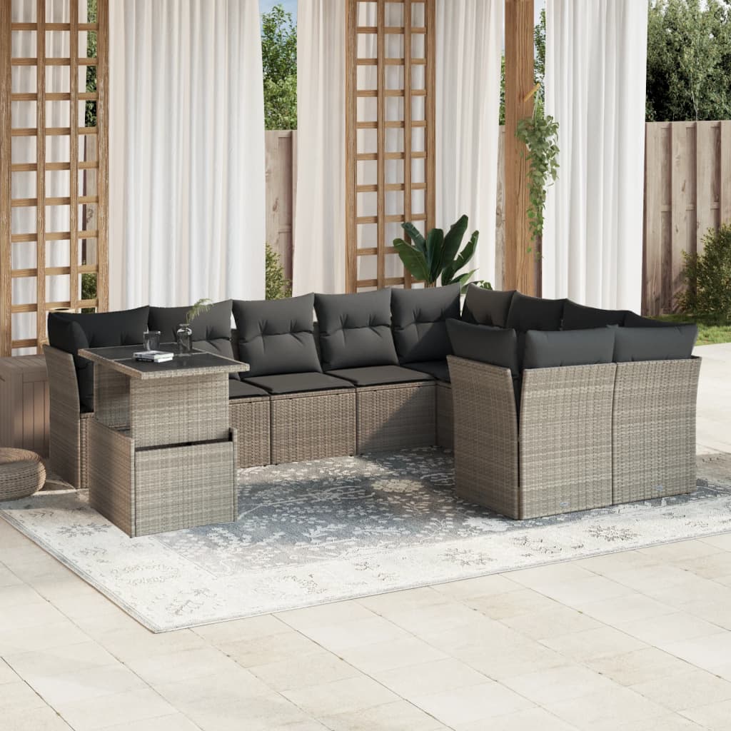 Set Divano Giardino 10 pz con Cuscini Grigio Chiaro Polyrattan