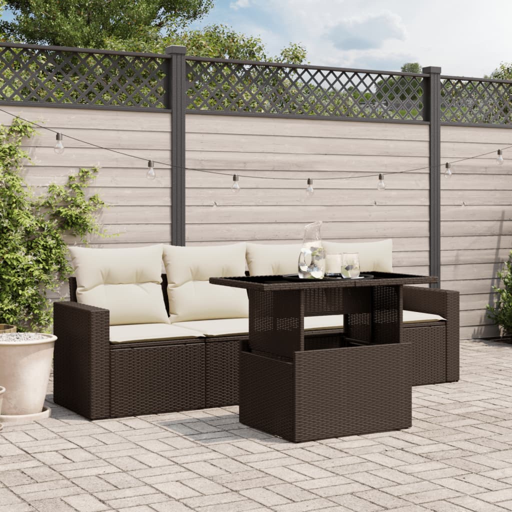 Set Divano da Giardino 5 pz con Cuscini Marrone in Polyrattan