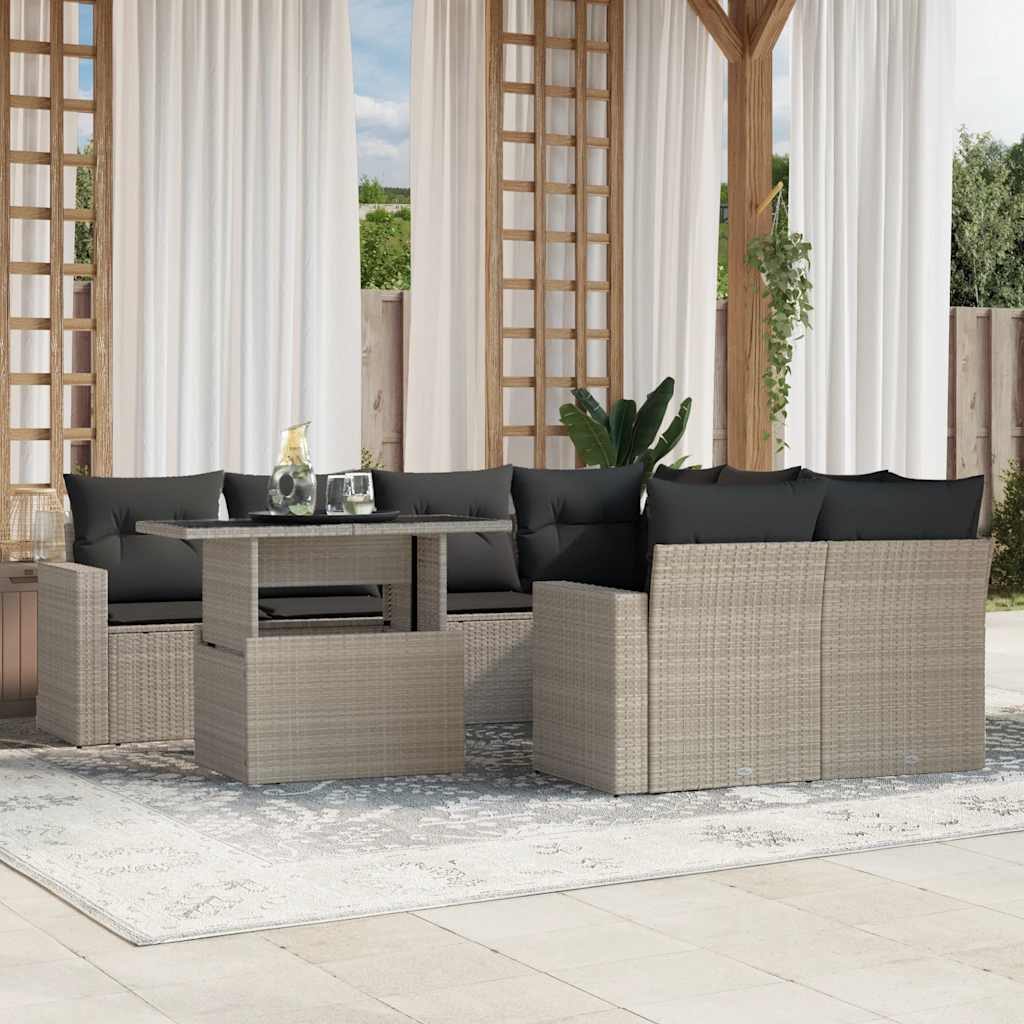 Set Divano da Giardino 9pz con Cuscini Grigio Chiaro Polyrattan