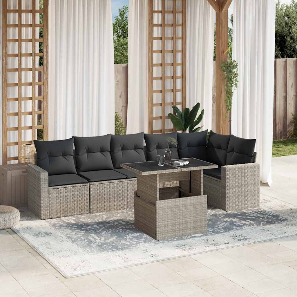 Set Divani da Giardino 7pz con Cuscini Grigio Chiaro Polyrattan