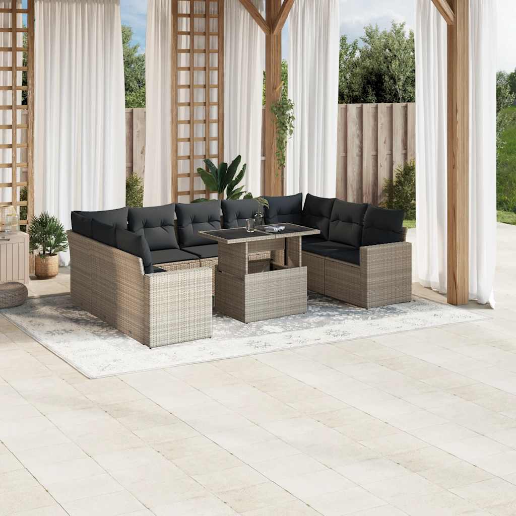 Set Divano Giardino 10 pz con Cuscini Grigio Chiaro Polyrattan