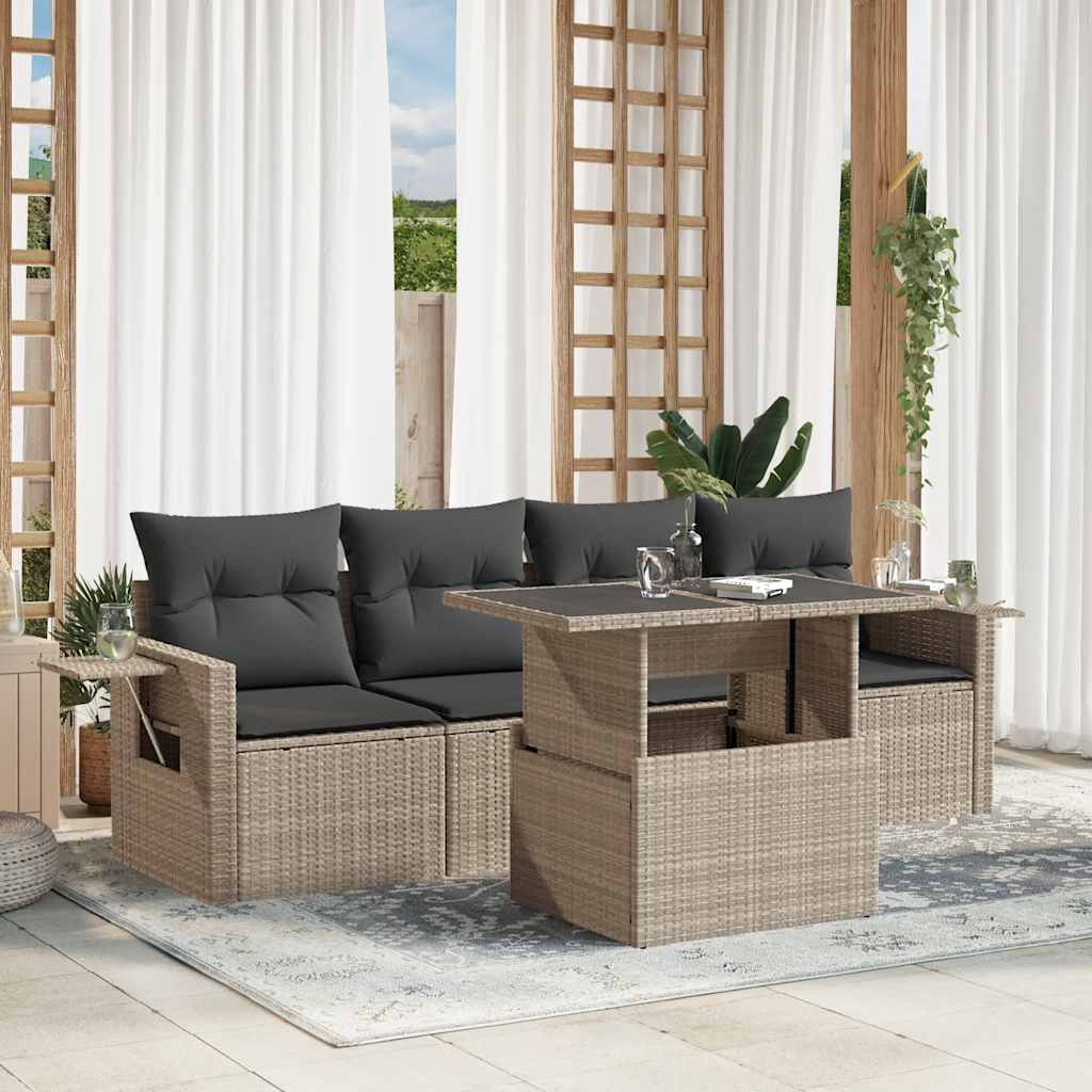 Set Divano da Giardino 5pz con Cuscini Grigio Chiaro Polyrattan