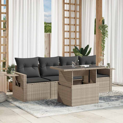 Set Divano da Giardino 5pz con Cuscini Grigio Chiaro Polyrattan