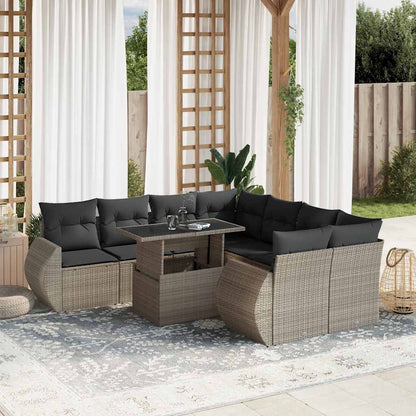 Set Divano da Giardino 9pz con Cuscini Grigio Chiaro Polyrattan