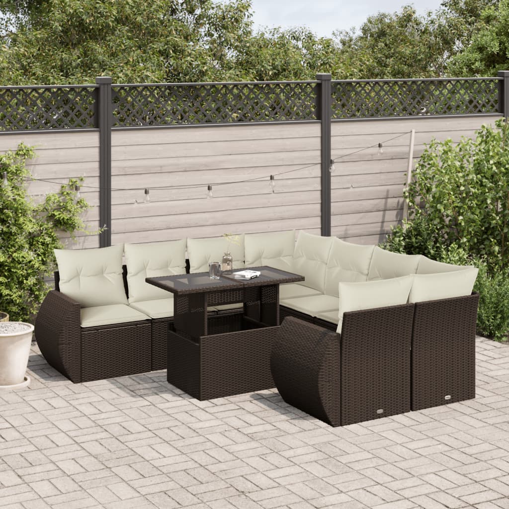 Set Divani da Giardino 9pz con Cuscini Marrone in Polyrattan