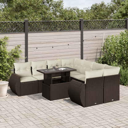 Set Divani da Giardino 9pz con Cuscini Marrone in Polyrattan