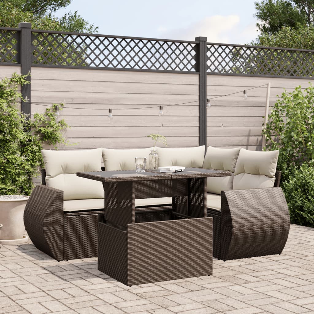 Set Divano da Giardino 5 pz con Cuscini Marrone in Polyrattan