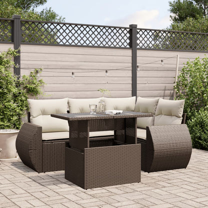 Set Divano da Giardino 5 pz con Cuscini Marrone in Polyrattan