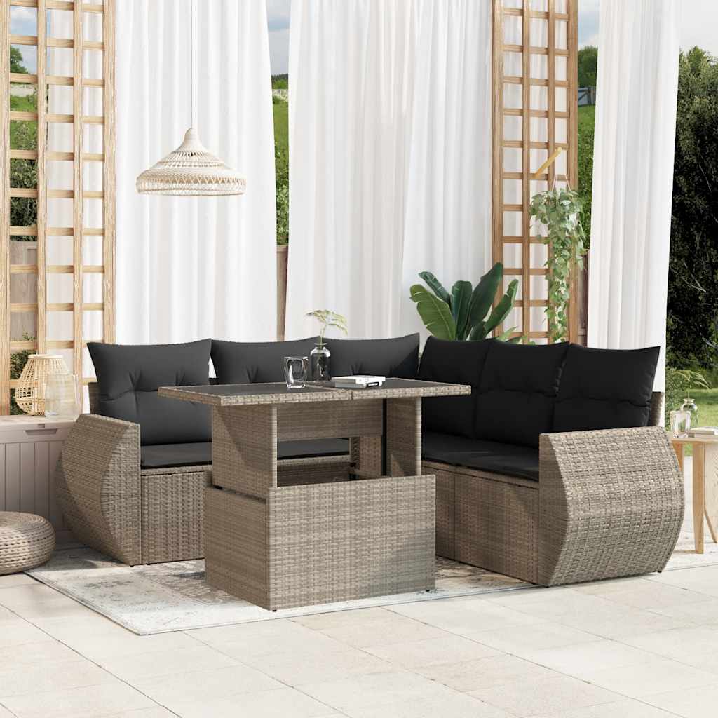 Set Divano da Giardino 6pz con Cuscini Grigio Chiaro Polyrattan